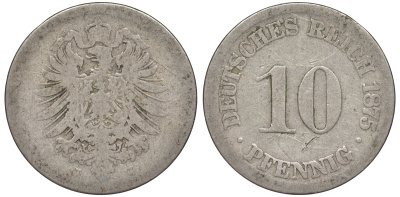 ГЕРМАНИЯ 10 ПФЕННИГОВ 1875 J, СТАРОГЕРБОВКА, KM 4, J. 4 медно-никель 45-1223