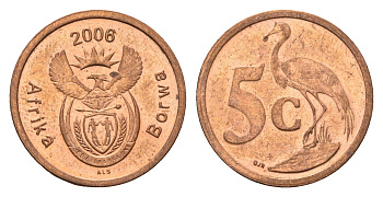 ЮАР 5 центов 2006 герб, райский журавль, год-тип KM 486 сталь плакированная медью UNC 4687-266
