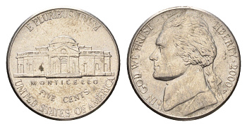 США 5 центов 2000 P, Джефферсон KM A192 медно-никель aUNC 4556-225