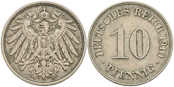 ГЕРМАНИЯ 10 ПФЕННИГОВ 1910 D KM 12, J. 13 медно-никель 31-1114
