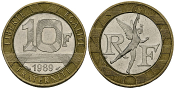 Франция 10 франков 1989 тип гений Бастилии KM 964.1, Le Franc 375.3 биметалл 4135-536