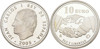 Испания 10 евро 2005 M, 60 лет миру и свободе в Европе KM 1065 серебро  PROOF  01-151-43