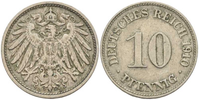 ГЕРМАНИЯ 10 ПФЕННИГОВ 1910 D KM 12, J. 13 медно-никель 31-1114