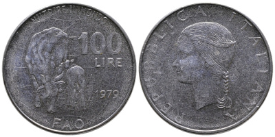 Италия 100 лир 1979 R, FAO, корова с теленком KM 106 нержавеющая сталь 83-1924