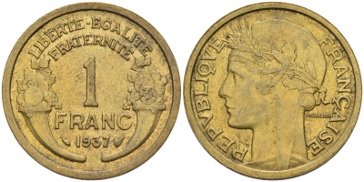 Франция 1 франк 1937 KM 885, Le Franc 219.2 алюминиевая бронза 4142-842