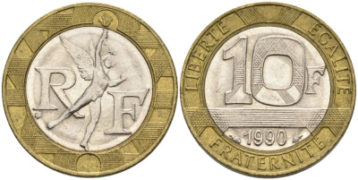 Франция 10 франков 1990 тип Гений Бастилии KM 964.1, Le Frank 375.5 биметалл 4573-1022