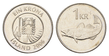 Исландия 1 крона 2006 треска KM 27a сталь плакированная никелем UNC 4691-613