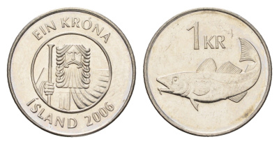 Исландия 1 крона 2006 треска KM 27a сталь плакированная никелем UNC 4691-613