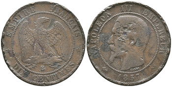 ФРАНЦИЯ 10 САНТИМОВ 1857 В, НАПОЛЕОН III (1852-1870) KM 771.2, LA FRANC 133.40 бронза 54-1853