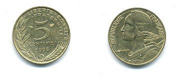 ФРАНЦИЯ 5 САНТИМОВ 1995 ТИП MARIANNE KM 933 медь алюминий никель 84-1558