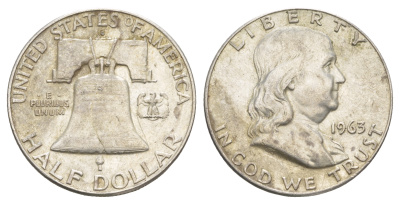 США 1/2 доллара (50 центов) 1963 Бенджамин Франклин, колокол KM 199 серебро    4653-136