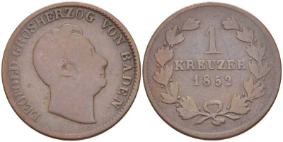 Баден 1 крейцер 1852 Леопольд I (1830-1852) КМ 218.2 медь 117-823