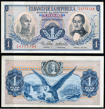 Колумбия 1 песо 1964 Симон Боливар, генерал Франсиско де Паула Сантандер, 2 января 1964 Pick 404 b  бумага  UNC (пресс) 7219-11-1-2