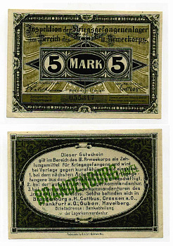 Германия 5 марок 1917 инспекция лагерей военнопленных в Бранденбурге, III-ий Армейский корпус C-2774 бумага UNC (пресс) 504-71-2-2