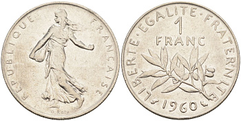 Франция 1 франк 1960 сеятель, тип Semeuse KM 925, Le Franc 226.5 никель 4592-1053