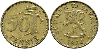 ФИНЛЯНДИЯ 50 ПЕННИ 1964 S KM 48 алюминиевая бронза 4364-2644