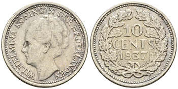 Нидерланды 10 центов 1937 Вильгельмина I (1890-1948) КМ 163 серебро    4160-1239