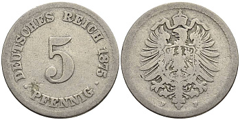 ГЕРМАНИЯ 5 ПФЕННИГОВ 1875 F, СТАРОГЕРБОВКА KM 3, Jager 3, Weege 5 медно-никель 4546-1035