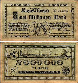 МЁРС 2000000 МАРОК 1923 НОТГЕЛЬД, 15 АВГУСТА 1923, ЗЕМЛЯ СЕВЕРНЫЙ РЕЙН-ВЕСТФАЛИЯ Keller 3593l бумага 6318-38-1-2