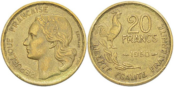 ФРАНЦИЯ 20 ФРАНКОВ 1950 4 ПЕРА KM 916.2, LE FRANC 402.3 алюминиевая бронза 175-637