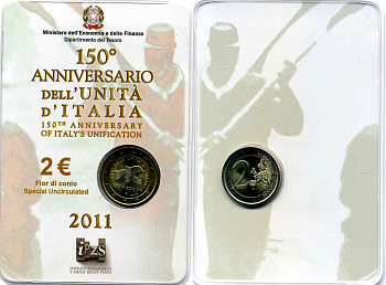 Италия 2 евро 2011 150 лет объединения Италии, запайка, пластик, буклет KM 338 биметалл BUNC 3-4-8-52