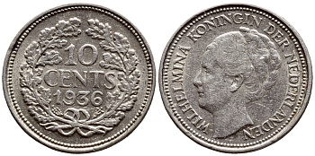 Нидерланды 10 центов 1936 Вильгельмина I (1890-1948) КМ 163 серебро 633-833