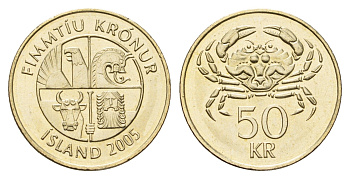 Исландия 50 крон 2005 краб KM 31 никель латунь UNC 4118-1023