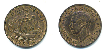 Великобритания 1/2 пенни 1952 Георг VI (1936-1952) KM 868, Spink 4118 бронза 59-733