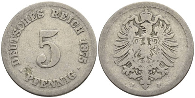 ГЕРМАНИЯ 5 ПФЕННИГОВ 1875 F, СТАРОГЕРБОВКА KM 3, Jager 3, Weege 5 медно-никель 4546-1035