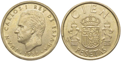 Испания 100 песет 1988 Хуан Карлос I (1975-2014) KM 826 алюминиевая бронза 117-216