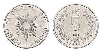 Уругвай 5 новых песо 1989 KM 92 нержавеющая сталь UNC 4684-1248