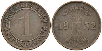 Германия 1 рейхспфенниг 1932 A KM 37, J. 313 бронза 4189-1142