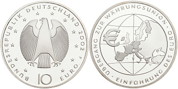 ФРГ 10 евро 2002 F, введение европейской валюты KM 215, DE.S. 10.1 серебро PROOF 02-251-11