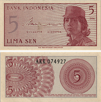 Индонезия 5 сенов 1964 девушка волонтер Pick 91 a  бумага  UNC (пресс) 8604-48-4-1