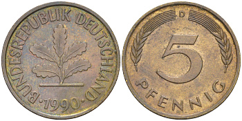ФРГ 5 пфеннигов 1990 D KM 107, J. 382 сталь плакированная латунью 4514-1142