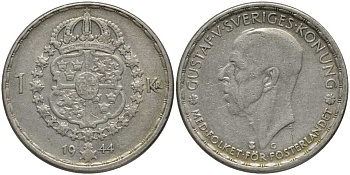 Швеция 1 крона 1944 G, Густав V (1907-1950) KM 814 серебро 202-534