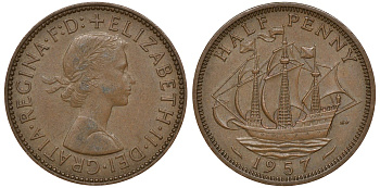 Великобритания 1/2 пенни 1957 Елизавета II (1952-2022) KM 896, Spink 4158 бронза 4163-611