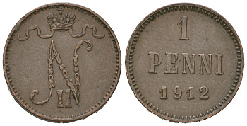 Россия для Финляндии 1 пенни 1912 Николай II (1894-1917) Биткин 472 медь 4615-342