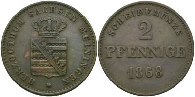 Саксен-Мейнинген 2 пфеннига 1868 Георг II (1866-1914) KM 174 медь 99-655