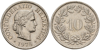 Швейцария 10 раппенов 1974 KM 27 медно-никель 4152-1067
