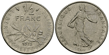 Франция 1/2 франка 1975 сеятель KM 931 никель 4135-657