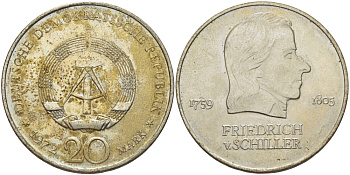 ГДР 20 марок 1972 А, Фридрих Шиллер (1759-1805) KM 40 медно-никель 82-1112