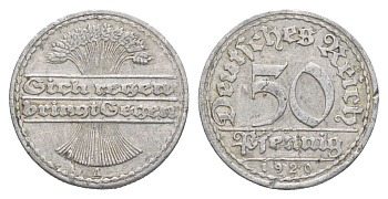 Германия 50 пфеннигов 1920 A KM 27, J. 301, Weege 10 алюминий 4629-556