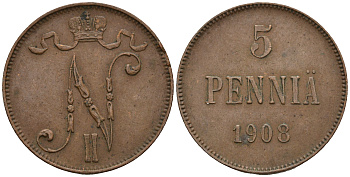 Россия для Финляндии 5 пенни 1908 Николай II (1894-1917) KM 15, Биткин 449 медь 259-1154