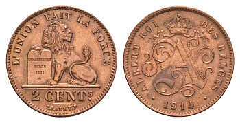 Бельгия 2 сантима 1914 Des Belges, Альберт I (1909-1934) KM 64 медь aUNC 1520-822