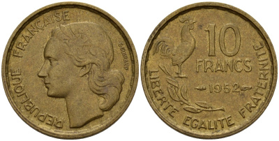 Франция 10 франков 1952 B, петух KM 915.2, Le Franc 363.5 алюминиевая бронза 4159-923