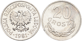 Польша 20 грошей 1981 MW KM А47 алюминий  UNC  4138-947