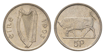 Ирландия 5 пенсов 1993 бык KM 28 медно-никель aUNC 4627-818