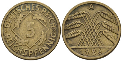 Германия 5 рейхспфеннигов 1926 A KM 39, J. 316 алюминиевая бронза 4151-728