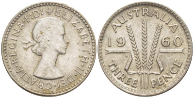 Австралия 3 пенса 1960 m, Елизавета II (1952-2022) KM 57 серебро UNC 4516-154